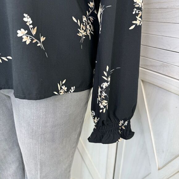 J. Crew Floral Smocked Ruffle Trim Blouse Black Tan Large - Picture 6 of 12